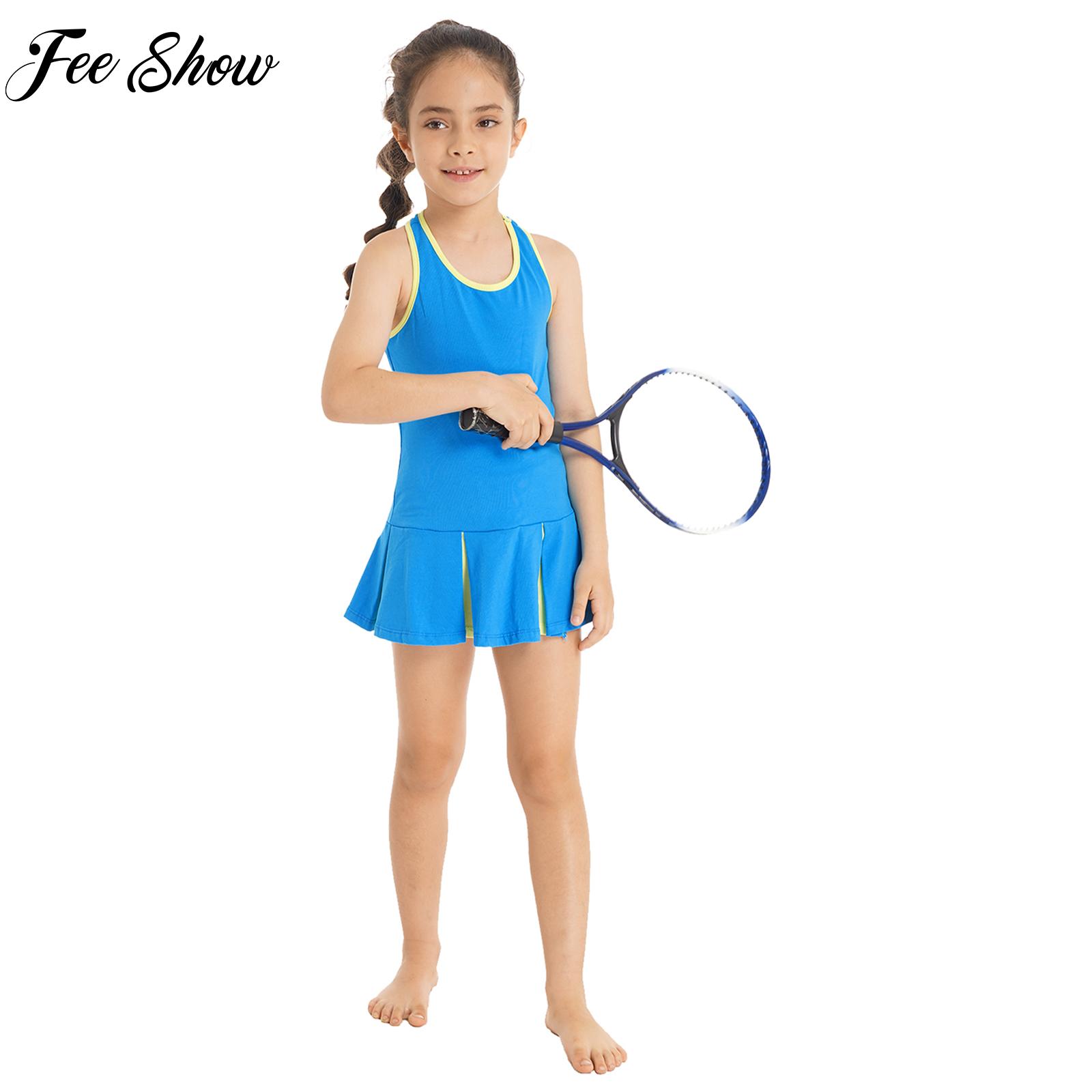 Badminton Vs Tennis - 子供用ノースリーブオープンアッパーバックスポーツセット、テニスとバドミントンスポーツウェア、ジムエクササイズ用ショートドレス、女の子用ランニングドレス、2個