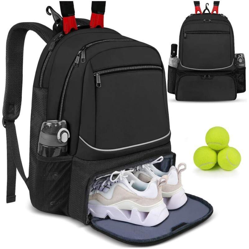 Badminton Vs Tennis - 大容量テニスバックパックスポーツラケットパックは1〜2本のテニスラケットを収納可能アウトドアバドミントンバッグシューズポケット付きブラックピンク