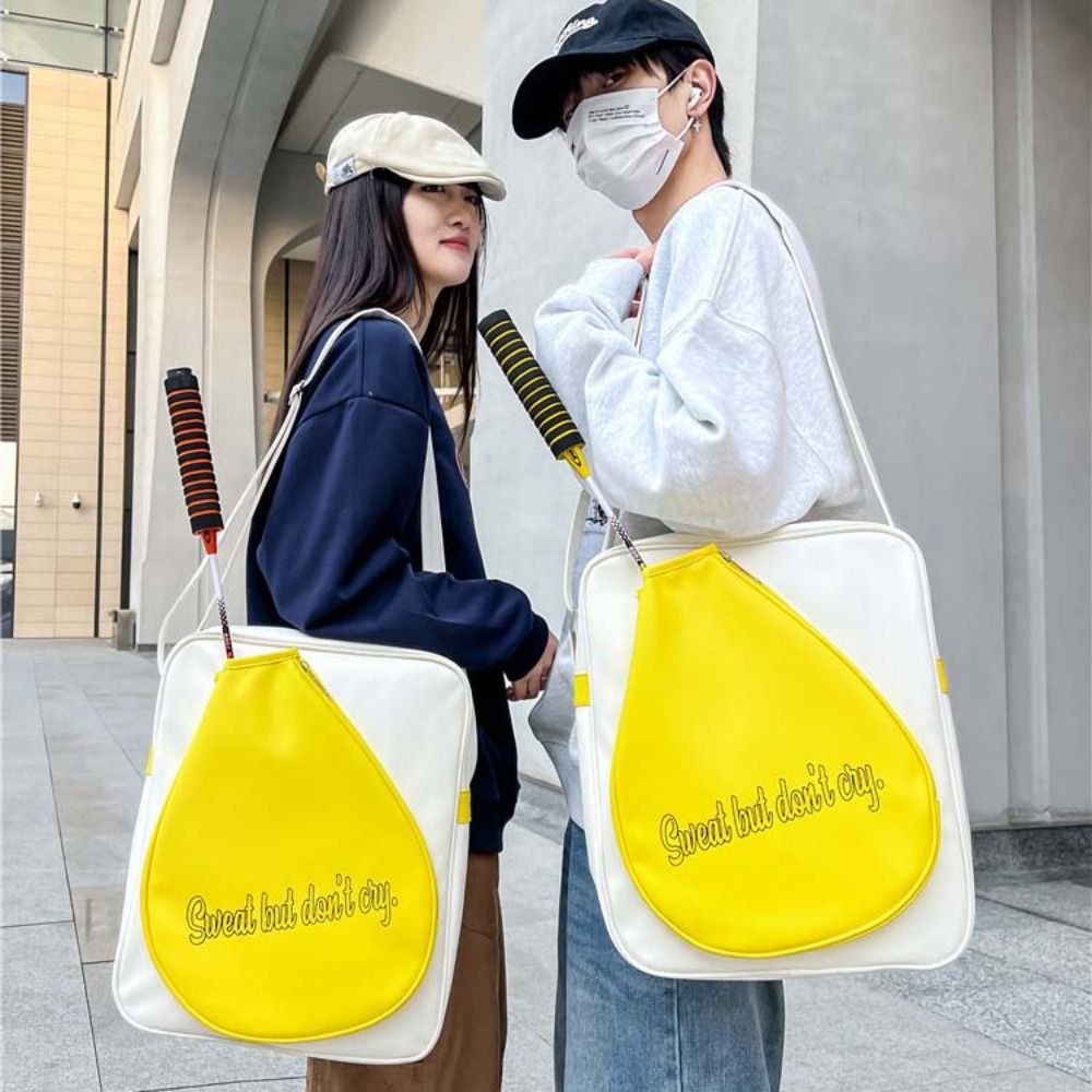 Badminton Single - 大容量バドミントンラケットバッグシングルショルダーPUレザーバドミントンラケットオーガナイザー防水白黄色ラケットバッグ