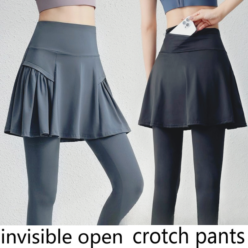 Badminton Date - インビジブルクロッチパンツ、フェイクツーピースヒップカバーヨガキュロット、ハイウエスト、透け防止、アウターウェアバドミントンウェア、